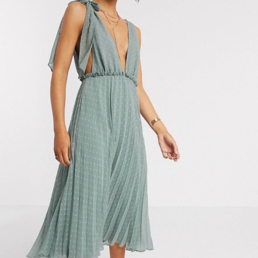 ASOS Design Tie Shoulder Pleated Midi Dress in Sage Green